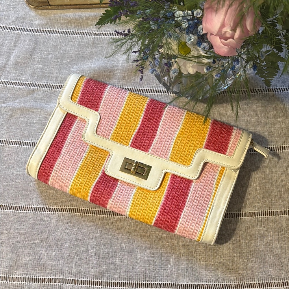 Vibrant Pink and Yellow Clutch for Summer Outings. Leather trim and straw body